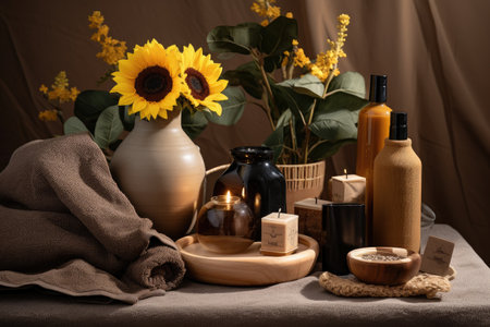 A tranquil spa environment including natural bath salts, candles, towels, a massager, and a sunfloweの素材