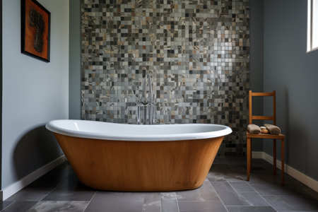 In July 2020, a comfortable bathroom in Chicago, IL, USA featured a solitary grey bathtub. The wallsの素材