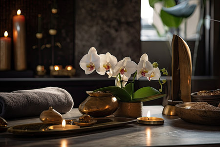 Gorgeous spa accessories are placed on a massage table in a room.の素材