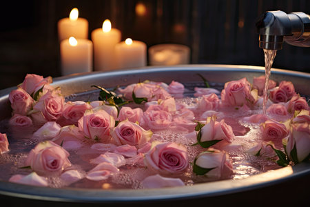 Part of a spa treatment involves filling a bathtub with fresh roses and pouring milk into it to creaの素材