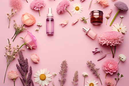 A top-down view of a pink background adorned with a range of bottles containing natural cosmetic proの素材