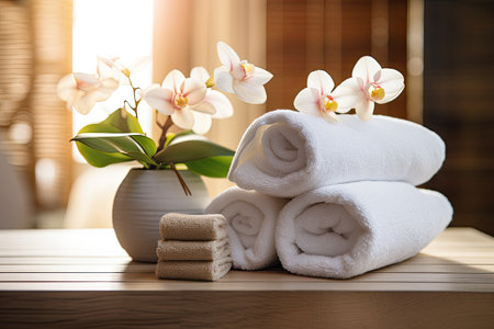 A tranquil spa and wellness environment adorned with blossoming flowers and neatly arranged towels.の素材