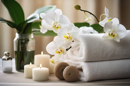 Gorgeous arrangement of towels and spa accessories, creating a stunning spa composition.の素材