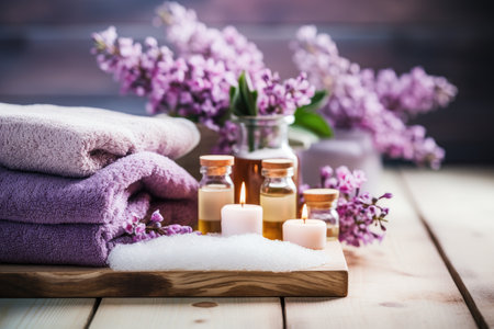Selective focus and a flat lay with copy space showcase sea salt, towels, bottles of aroma oil, andの素材