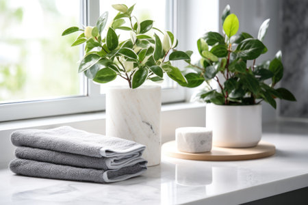 Plants that lack moisture, soap, and a towel placed on a desk made of marble.の素材