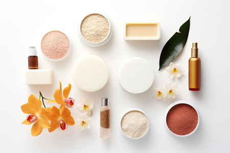 Different spa and beauty treatment products separated on a white background.の素材