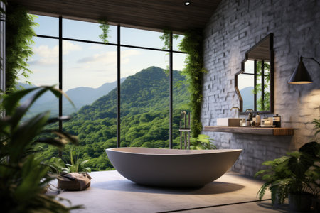 Interior design of a bathroom that creates a cozy and inviting atmosphere. The modern bathroom featuの素材