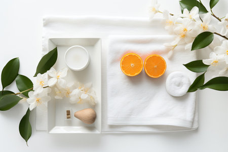 Aesthetic arrangement depicting a spa ambiance. It features sea salt, fragrant orange flowers, serenの素材
