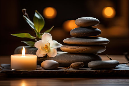 Table adorned with Zen stones and fragrant candles, embodying the essence of Zen philosophy.の素材