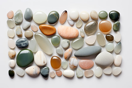 Artistic layout of colored gemstones. Pastel green, pale pink, light brown, and silvery gray stonesの素材