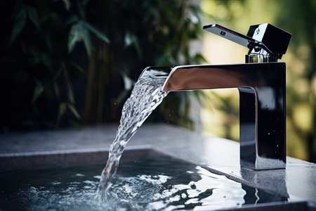 The bathroom faucet has water flowing through it. A person consistently shuts off the water to conseの素材