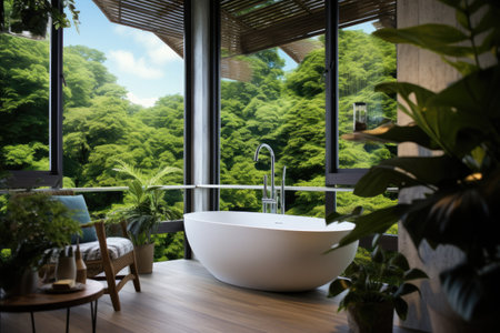 Interior design of a bathroom that creates a cozy and inviting atmosphere. The modern bathroom featuの素材