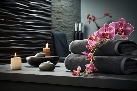 The spa environment is decorated with gray towels, blackboard drawings of hot stones and pink flowerの素材