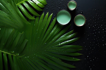 The top-down view displays a spa and wellness-themed background featuring palm leaves adorned with dの素材