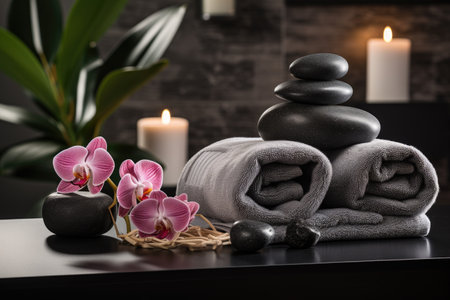 The spa environment is decorated with gray towels, blackboard drawings of hot stones and pink flowerの素材