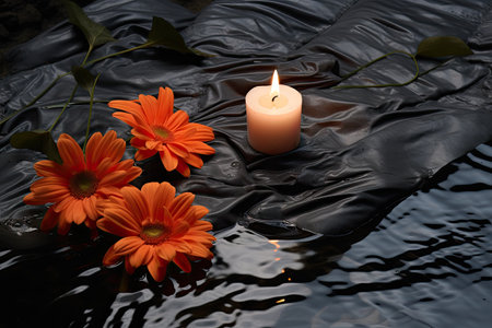The scene consisted of three lit candles and folded towels, accompanied by black stones and a vibranの素材