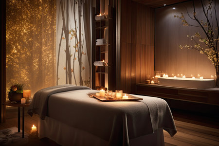 The inside of a contemporary massage room illuminated by gentle candlelightの素材