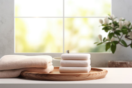 Wooden plate with towels and empty area for text or images against a blurred background of a bathrooの素材