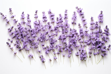 Top down perspective of white background adorned with a cluster of recently harvested lavender floweの素材