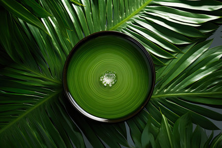 This is a top-down view of palm leaves that are adorned with water droplets, rings, and ripples, creの素材