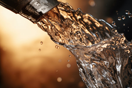 Water flows out of a metallic faucet. Close-up shot.の素材