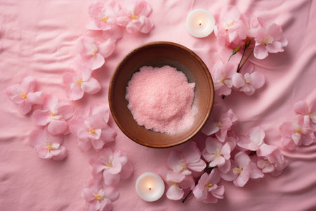 The spa setting consists of a pink-colored salt, scented candles, freshly scattered flower petals imの素材