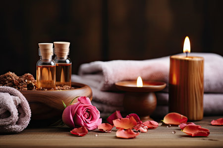 Wooden background with natural and organic spa products such as essential rose oil, towel, and stoneの素材