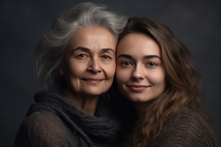 head shot portrait loving grown up daughter hugging middle aged mother from back looking at camera hの素材