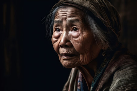 head shot portrait of a sad asian old woman side viewの素材