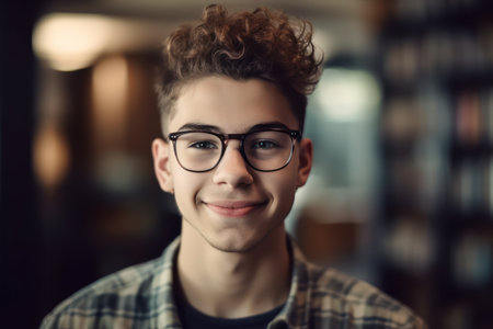head shot portrait of happy handsome jewish male student in eyeglasses posing at blurred library bacの素材