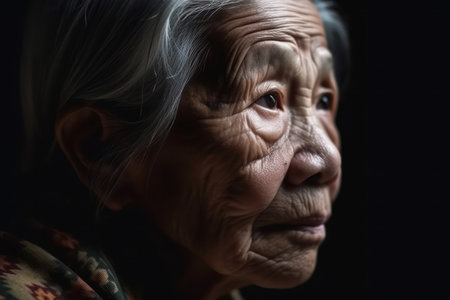 head shot portrait of a sad asian old woman, side viewの素材