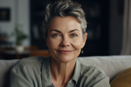 head shot portrait positive mature woman with healthy smile sitting on cozy couch, happy middle agedの素材