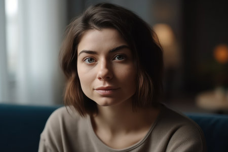 head shot portrait young woman sitting on couch looking at camera having conversation using computerの素材