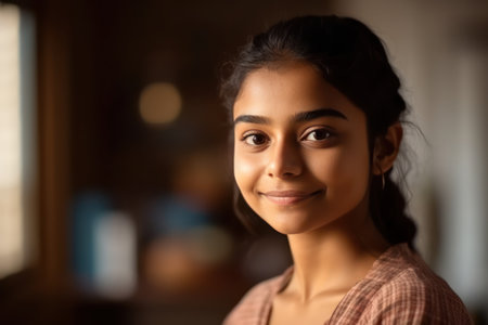 head shot portrait smart confident smiling millennial indian woman standing with folded arms at homeの素材