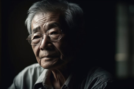 lonely elderly asian man in his 60s sitting at home sad depressed aloneの素材