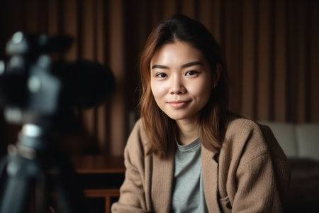 head shot portrait smiling asian young woman looking at camera sitting on couch attractive female blの素材