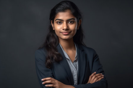 head shot portrait smiling young indian woman with arms crossed standing on grey studio background iの素材