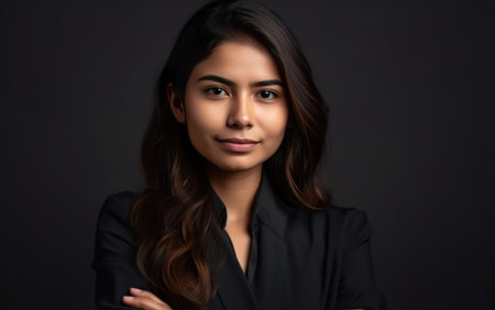 head shot portrait smiling young indian woman with arms crossed standing on grey studio background iの素材