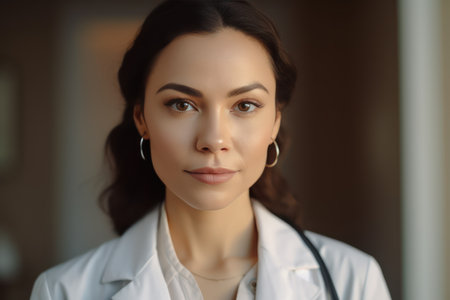 head shot portrait smiling mixed race female doctor nurse in white uniform with stethoscope on neckの素材