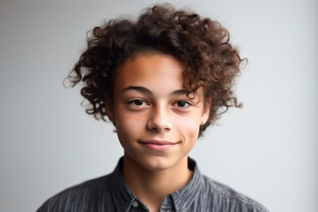 headshot of teenage boy with trendy hairstyle narrow brown eyes thick lips and healthy pure skin looの素材