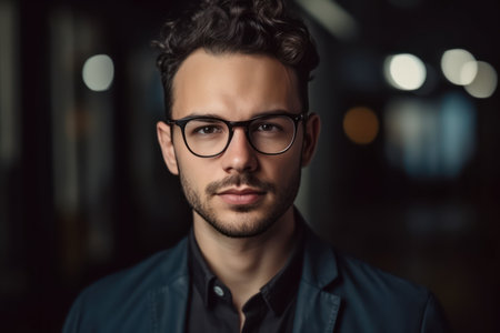 head shot young attractive businessman in glasses standing in modern office pose for camera videoconの素材