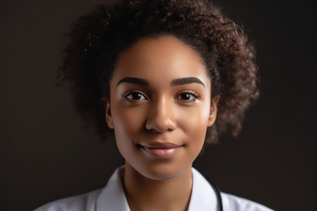 head shot portrait smiling mixed race female doctor nurse in white uniform with stethoscope on neckの素材