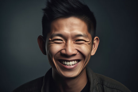 headshot photo of asian man with laugh face on grey backgroundの素材