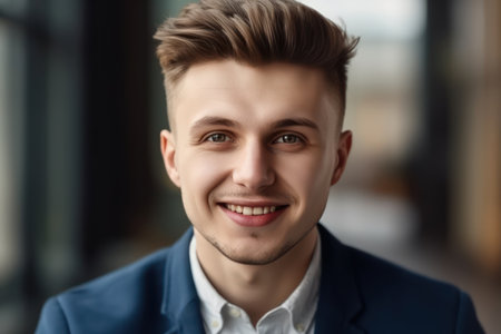 headshot portrait of smiling caucasian young male employee look at camera posing at workplaceの素材