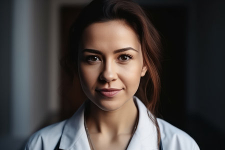 head shot portrait smiling mixed race female doctor nurse in white uniform with stethoscope on neckの素材
