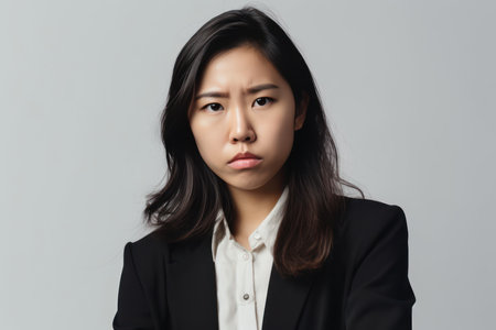 image of sad office girl asian woman sulking and frowning disappointed standing upset and distressedの素材