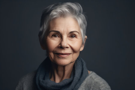 headshot picture of happy caucasian senior woman stand isolated on grey studio background look at caの素材