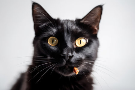 hungry black cat with tongue out licking lips looking at camera on white backgroundの素材