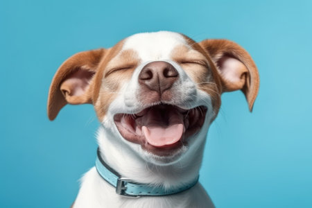 hungry funny puppy dog licking its nose with tongue out and winking one eye closed isolated on blueの素材