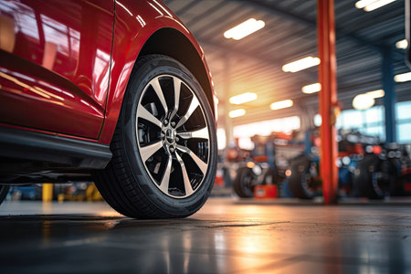 A recently stocked car with a blurred background and a tire-changing service center in focus can beの素材